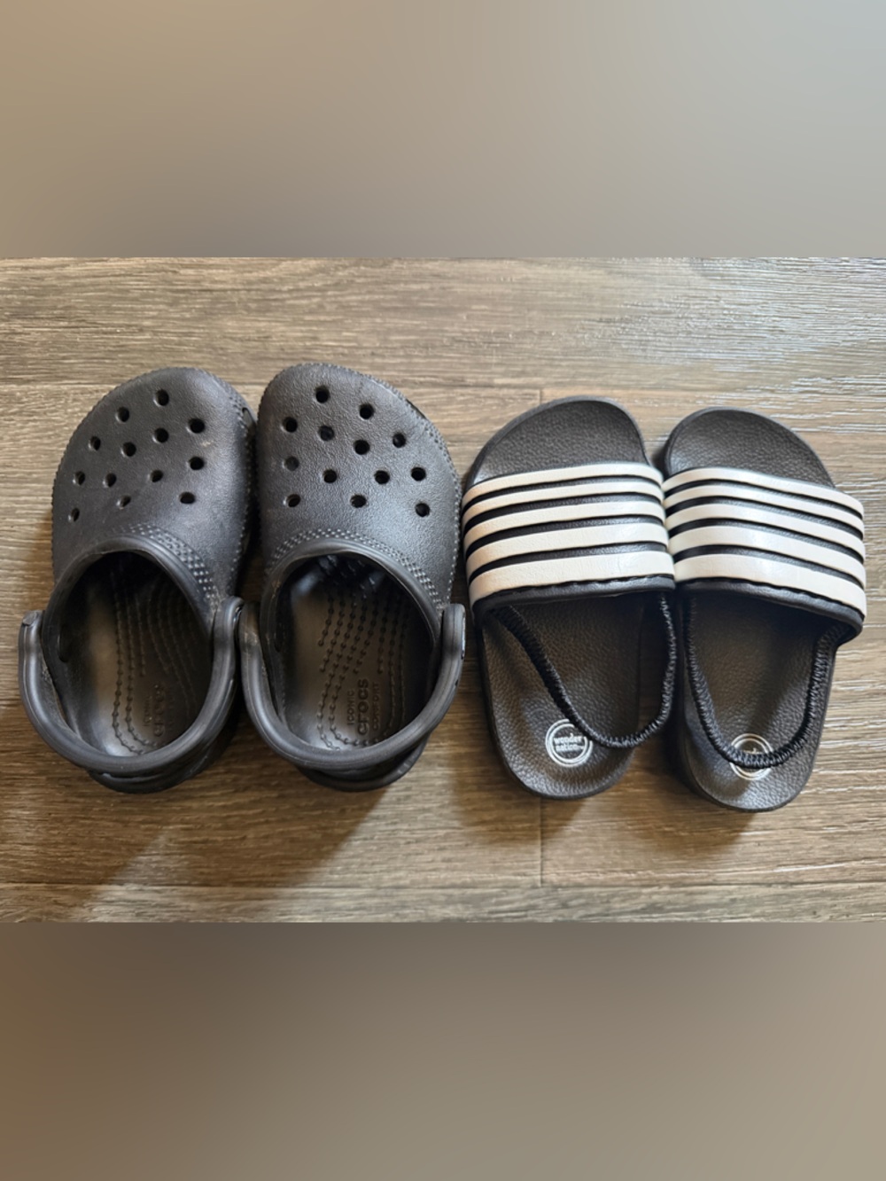CROCS Kids Black Clog and Black/White Stripe Slide Set